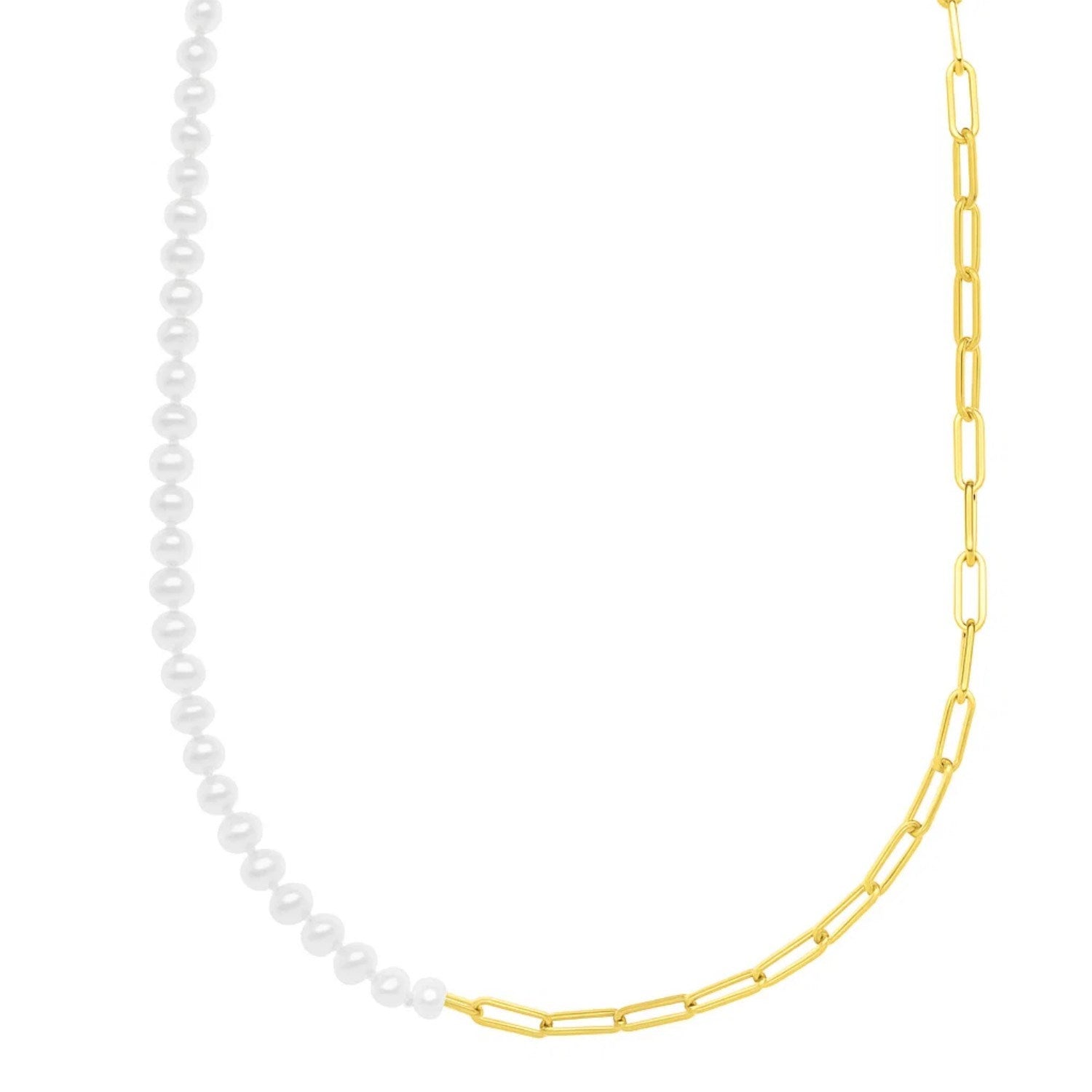 5mm Pearl and Lite Paperclip Necklace in 14K Yellow Gold in a sleek high-contrast midnight luxury editorial style